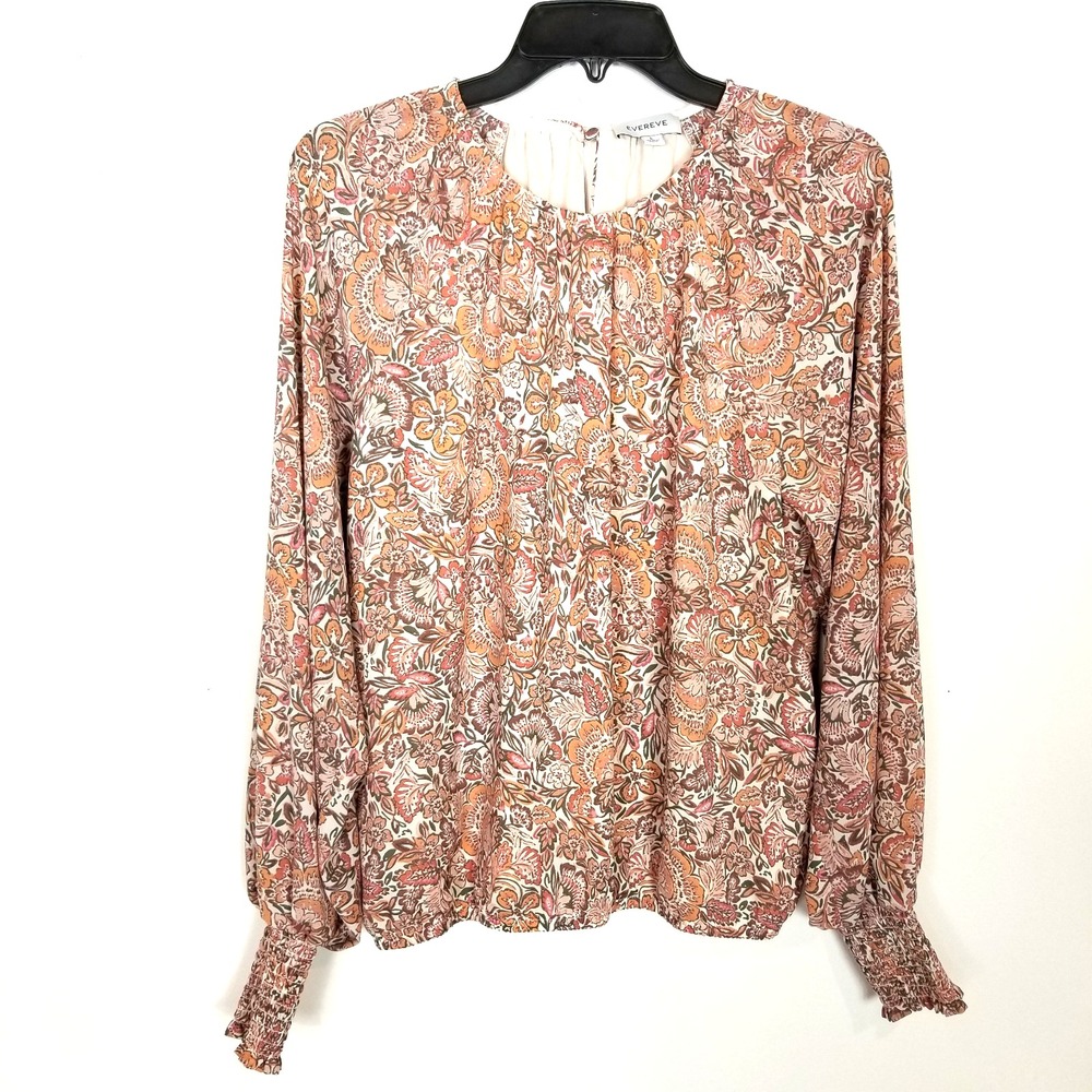 Evereve Bubble Blouse Top Sz L Beige Paisley Long Smocked Sleeve Boho Lined